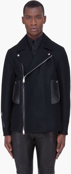Yves Saint Laurent Black Leather Trim Caban Coat - Lyst