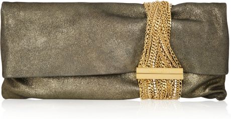 Jimmy Choo Chandra Chain Embellished Metallic Suede Clutch in Gold - Lyst
