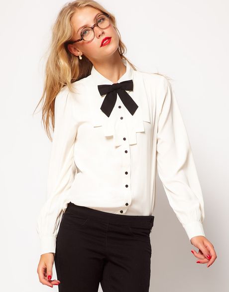 Asos Collection Asos Blouse with Folded Bib and Contrast Bow in White (cream) - Lyst