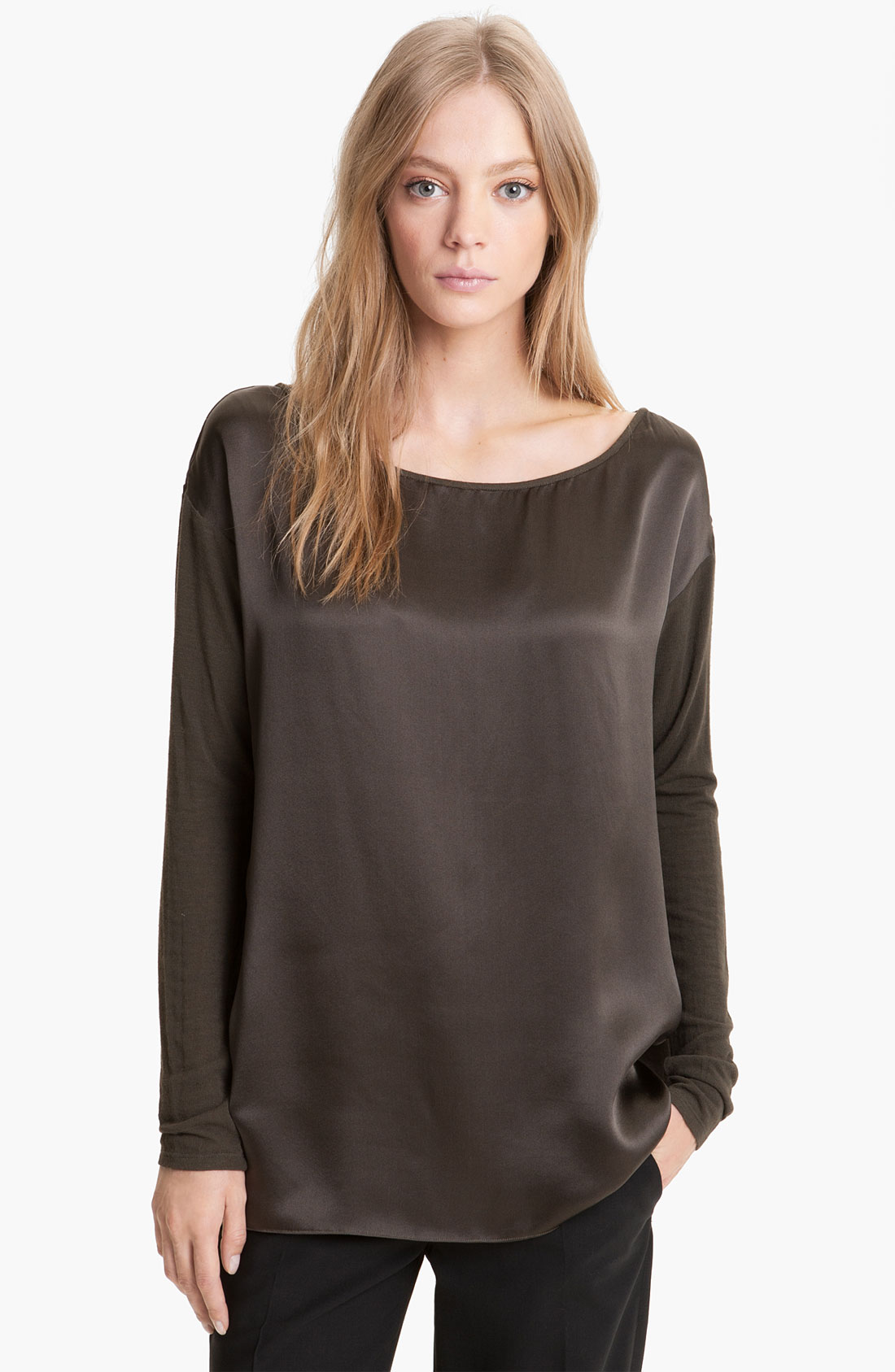 Vince Knit Sleeve Silk Top in Brown (hunter) Lyst