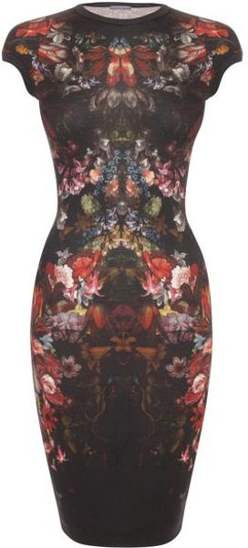 Alexander Mcqueen Painted Flowers Cap Sleeve Pencil Dress in Black - Lyst