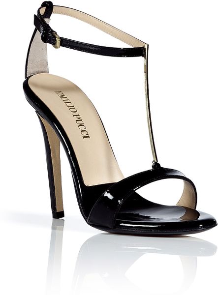 Emilio Pucci Black Patent Leather Golden Tstrap Sandals in Black - Lyst