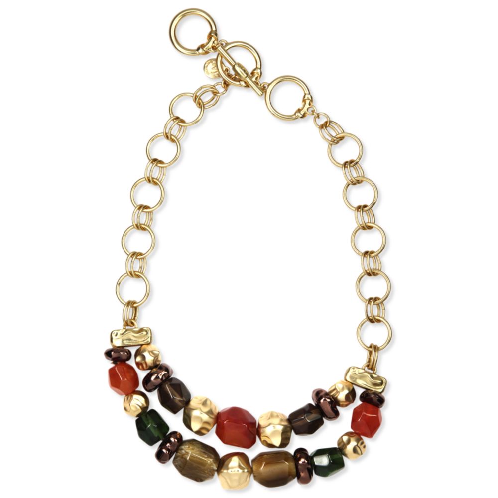 Jones New York Worn Gold Tone Multi Bead Tworow Frontal Necklace in