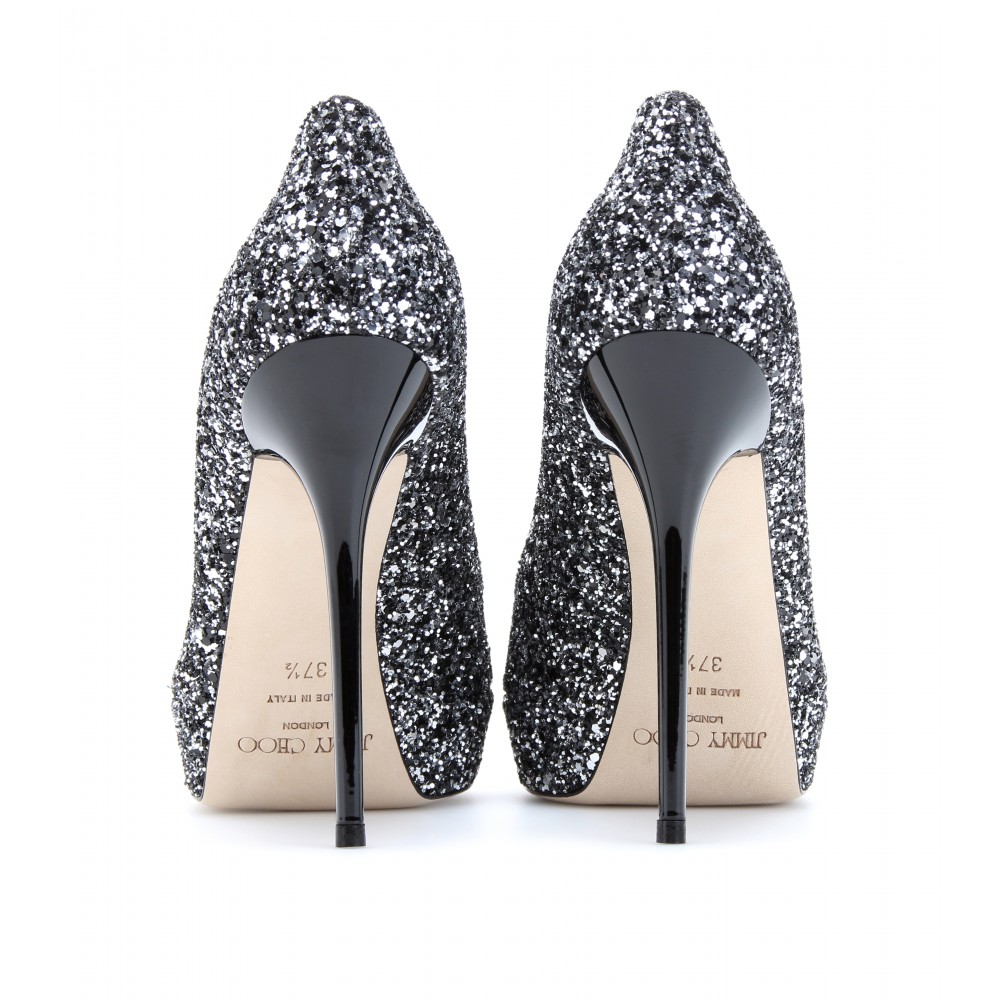 silver glitter peep toe heels by Jimmy Choo