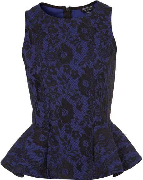 Topshop Bonded Lace Peplum Top in Blue (purple) - Lyst