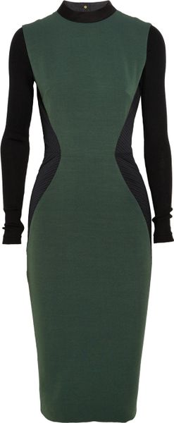 Victoria Beckham Twotone Ribpaneled Silk and Woolblend Dress in Green - Lyst