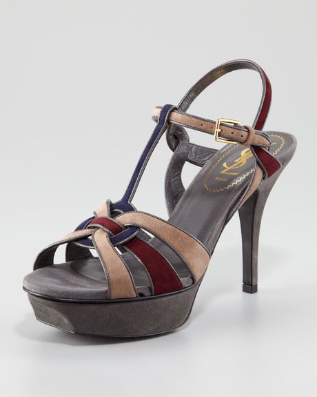 Saint Laurent Tribute Colorblock Suede Sandal in Gray (light grey ...
