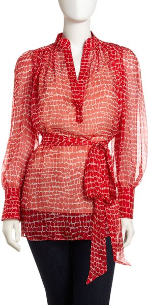 Catherine Malandrino Crocodileprint Tiewaist Blouse in Red (croc print) - Lyst