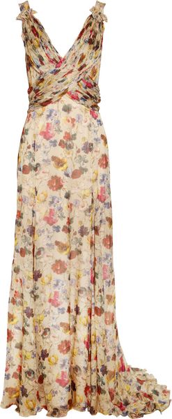 D&g Ruched Floral Print Silk Chiffon Gown in Floral (nude) - Lyst