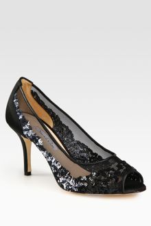 Oscar de la Renta Sequin-Mesh Satin Pumps - Lyst