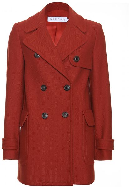 See By Chloé Doublebreasted Herringbone Wool Jacket in Red (rust) - Lyst