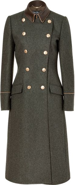Ferragamo Charcoal Doublebreasted Wool Loden Coat with Leather Trim - Lyst