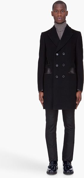Yves Saint Laurent Black Leather Trim Coat - Lyst