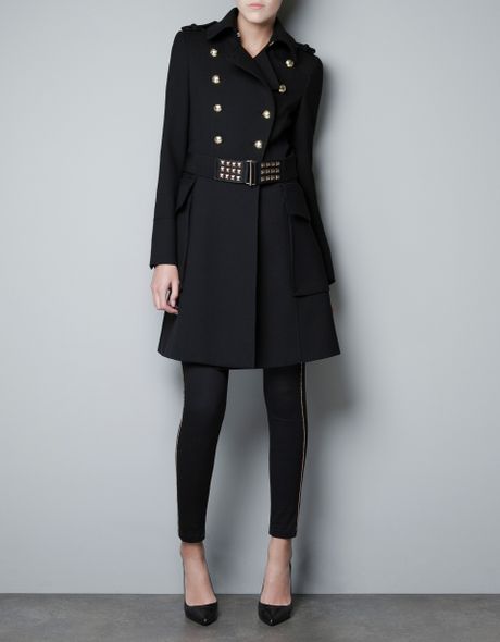 Zara Overcoat with Bellows Pocket and Belt in Black | Lyst