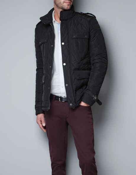 Zara Quilted Parka with Faux Leather Piping in Black for Men | Lyst