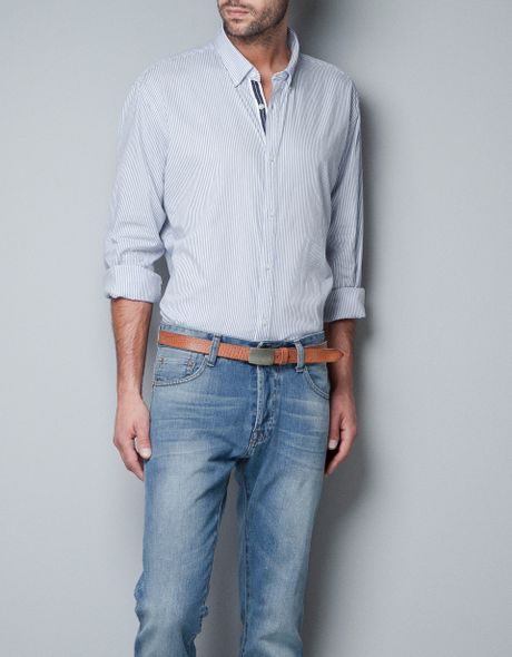 Zara Striped Shirt with Elbow Patches in Blue for Men | Lyst