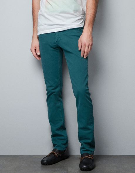 Zara Slim Fit Bulldenim Trousers in Green for Men (emerald green) - Lyst