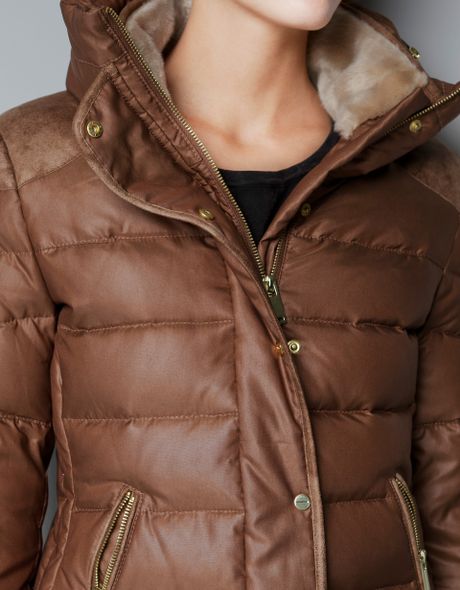 brown leather puffer jacket zara