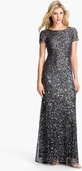 Adrianna Papell Short Sleeve Sequin Mesh Gown - Lyst