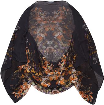 Alexander McQueen Black Floral Print Silk Georgette Cape - Lyst