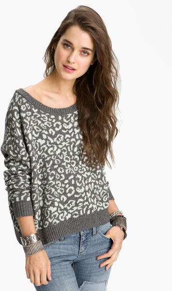 Free People Leopard Print Sweater in Gray (mint grey combo) | Lyst