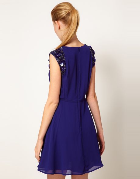 French Connection Embellished Sleeve Fit Flare Dress in Blue | Lyst