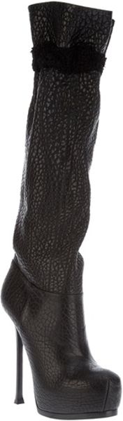Yves Saint Laurent Textured Knee Length Boot in Black - Lyst