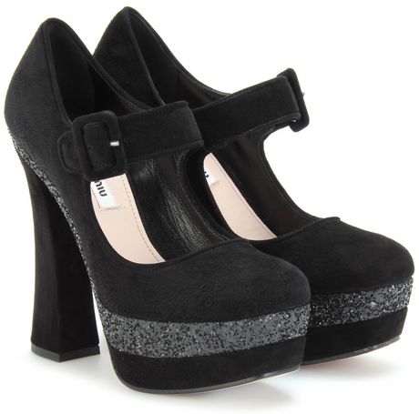 Miu Miu Glitter Platform Maryjanes in Black - Lyst