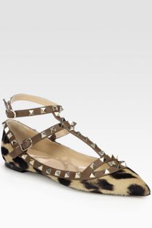 Valentino Rockstud Leopard Print Calf Hair T-strap Flats - Lyst