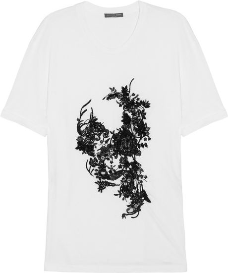 Alexander Mcqueen Embellished Cotton Tshirt in White - Lyst