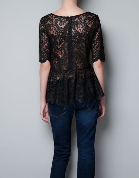 Zara Peplum Lace Top In Black Lyst