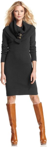 Michael Kors Longsleeve Buckled Cowlneck Sweater Dress in Gray