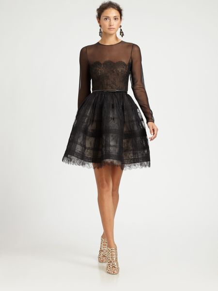 Oscar De La Renta Sheer Lace Cocktail Dress in Black - Lyst