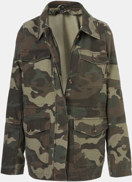 Topshop Faux Fur Lined Camo Utility Jacket in Green (khaki