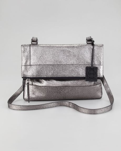 Olivia Harris Metallic Unzipped Foldover Messenger in Silver (metallic) - Lyst