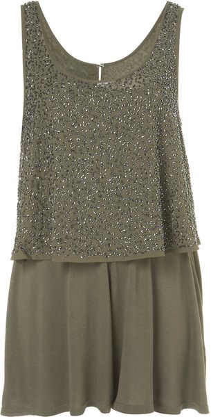Topshop Khaki Embellished Playsuit - Lyst
