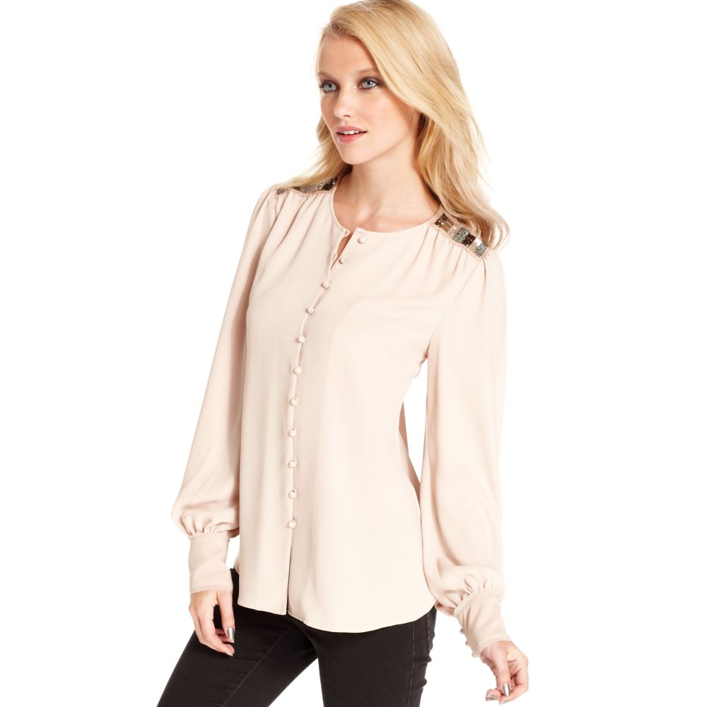 Rachel Rachel Roy The Willow Long Sleeve High Neck Beaded Blouse in