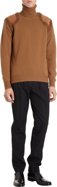 Alexander Mcqueen Suede Shoulder Turtleneck Sweater in Beige for Men (camel) - Lyst