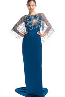 Marchesa Resort Satin Back Crepe Gown with Tulle Overlay - Lyst