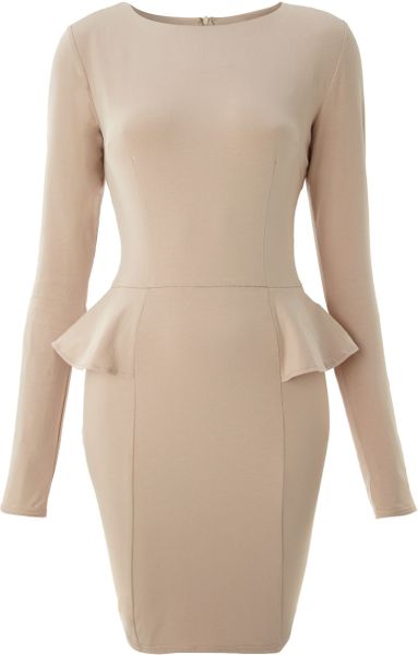 Ax Paris Long Sleeve Peplum Dress in Beige (stone) - Lyst