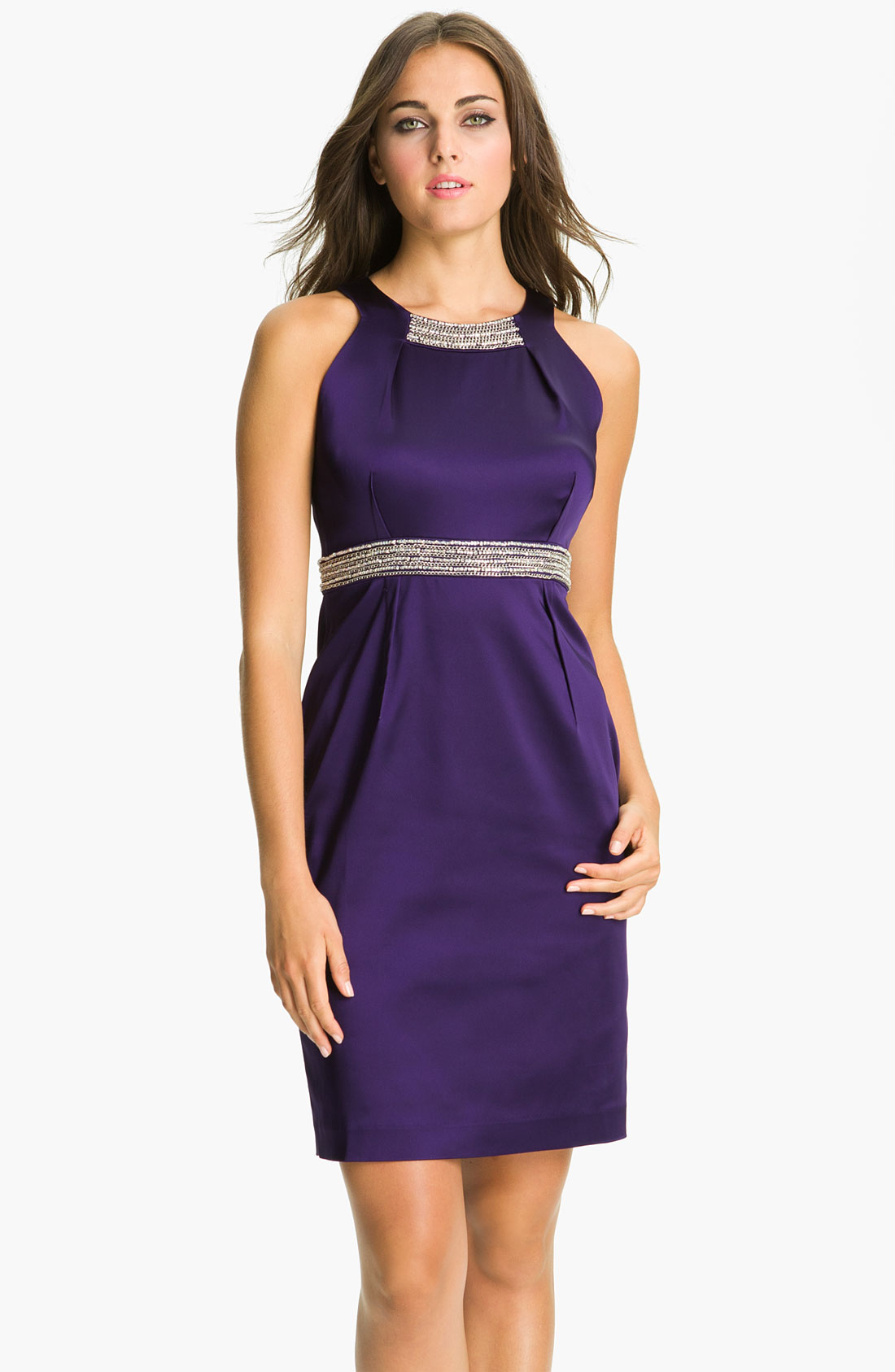Calvin Klein Embellished Trim Satin Sheath Dress in Purple (night) | Lyst
