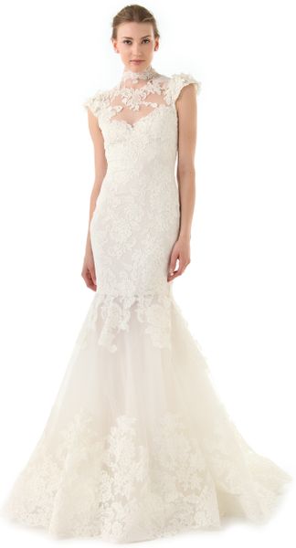 Marchesa Lace Gown with Illusion Neckline in White (cream) - Lyst