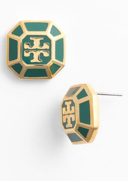 Tory Burch Rylan Logo Small Stud Earrings in Green (malachite/ gold) - Lyst