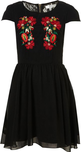 Topshop Embroidered Skater Dress By Rare in Black - Lyst