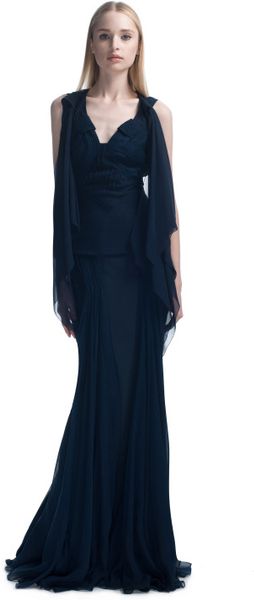 Zac Posen Flutter Sleeve Evening Gown in Blue (midnight) - Lyst