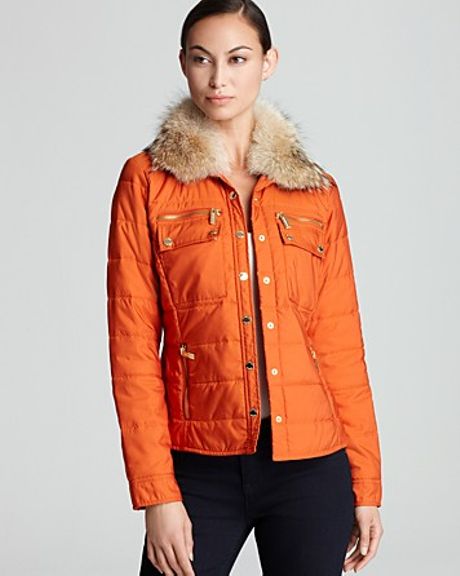 Michael Kors Michael Puffer Coat with Fur Hood in Orange (orange spice