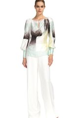 Carolina Herrera Ss Modern Art Print Twill Blouson Sleeve Keyhole Blouse