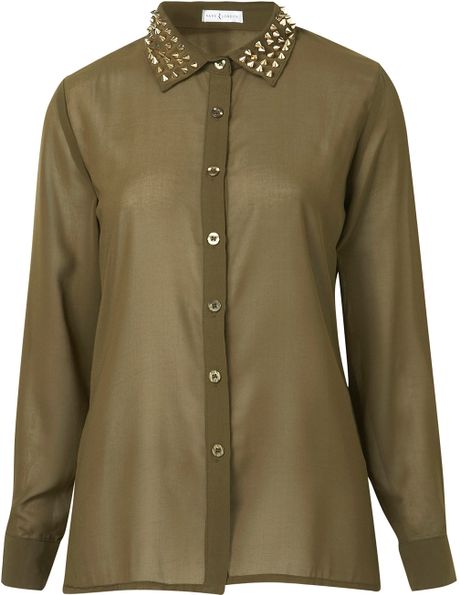 Topshop Stud Blouse By Rare in Green (khaki) - Lyst