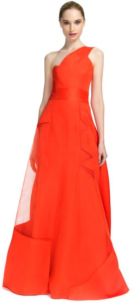 Carolina Herrera Organic Gazaar One Shoulder Gown with Tulle Detailing in Red (reef red) - Lyst