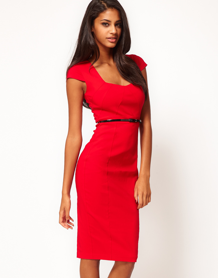 Asos Collection Asos Midi Pencil Dress With Belt In Red Lyst